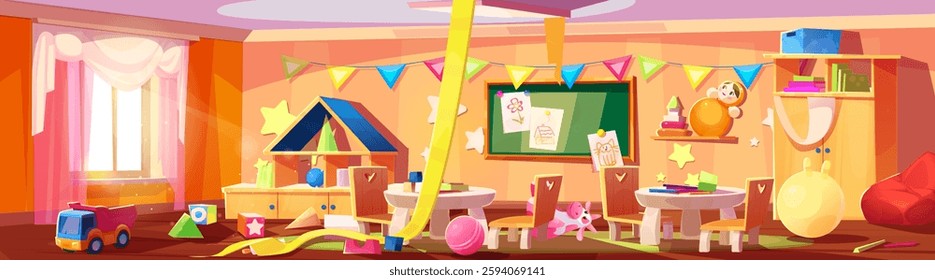 Messy kindergarten room with toys scattered across wooden floor. Dirty bright interior with colorful flags hanging above, notice board with drawings, playhouse corner and small tables with chairs.