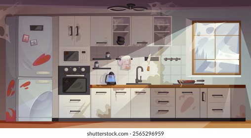 Messy kitchen. Abandoned kitchen interior with broken furniture and dirty utensils exact vector cartoon background