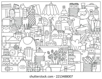 Messy Kitchen Coloring Page Vector Illustration