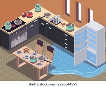 Messy kitchen isometric background with fridge and oven symbols vector illustration