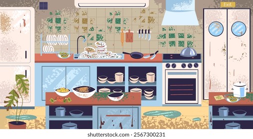 Messy kitchen. Mess in commercial restaurant or home kitchens, leak food dirty furniture indoor room cartoon interior, professional cooking equipment classy vector illustration original artwork