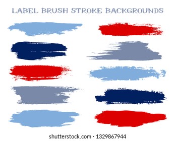 Messy label brush stroke backgrounds, paint or ink smudges vector for tags and stamps design. Painted label backgrounds patch. Vector ink color palette samples. Ink dabs, red blue grey splashes.