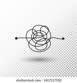 Messy line complicated clew way with transparent shadow Tangled scribble vector path Chaotic difficult process way illustration