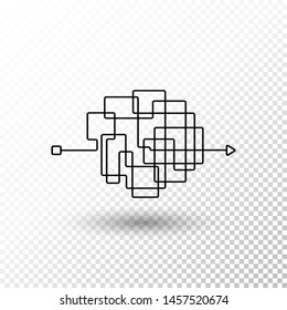 Messy line. Complicated clew way with transparent shadow. Tangled vector path. Chaotic difficult process way illustration