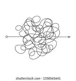 Messy line. Confused and complicated clew way. Curved black line, solving a complex problem or quest. Tangled scribble path. Template design for web site, ui and logo. Vector illustration