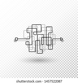 Messy lines. Complicated clew way with transparent shadow. Tangled vector path. Chaotic difficult process way illustration