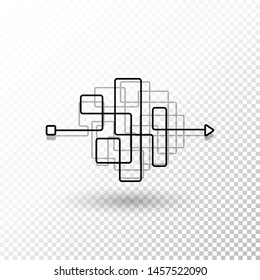 Messy lines. Complicated clew way with transparent shadow. Tangled vector path. Chaotic difficult process way illustration