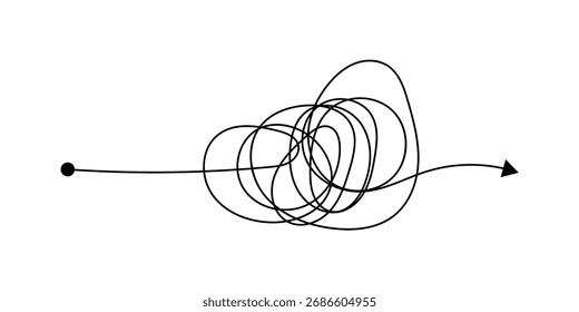 Linhas bagunçadas. Caminho de rabisco complicado, emaranhado bagunçado, nó de rabiscar como pensado de solução complexa para fácil. Problemas cerebrais confusos. Labirinto e conceitos de vetor de caos ilustração vetorial em eps 10.