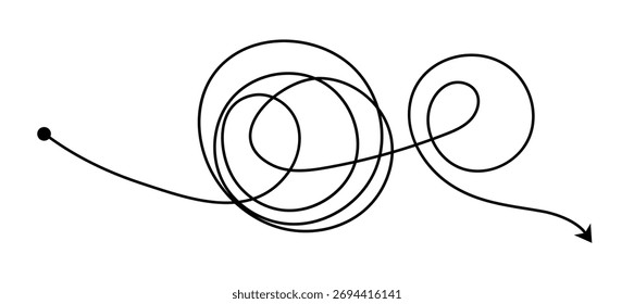 Linhas bagunçadas. Caminho de rabisco complicado, emaranhado bagunçado, nó de rabiscar como pensado de solução complexa para fácil. Conceito de solução de problemas complexo a simples. Conceito de plano com rota suave e rota áspera. 
