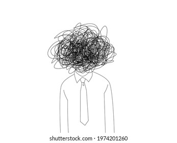 Messy lines of thinks above human head on white background,Mental health, illness ,brain development ,medical treatment  concept, vector illustration   