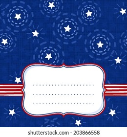 Messy little white sparkling stars on dark blue background with retro shaped frame on red white striped ribbon with place for your text seasonal card invitation cover