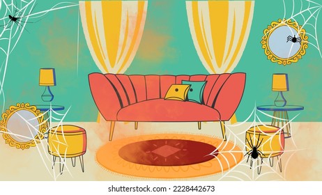 Messy living room, dirty, deserted, untidy, dust, spider, cobwebs, cartoon illustration, vector
