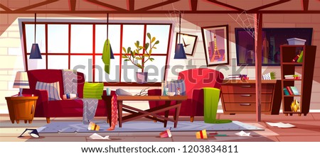 Messy living room with dirty dishes on table, spider web on ceiling and clothes scattered on stained carpet cartoon vector illustration. Household chaos, home cleaning time or bad tenant concept