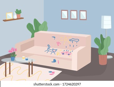 Messy Living Room Flat Color Vector Illustration. Empty Room 2D Cartoon Interior With Furniture On Background. Child Mischief, Bad Behaviour. Couch Painted With Kids Drawings. Stressful Parenthood