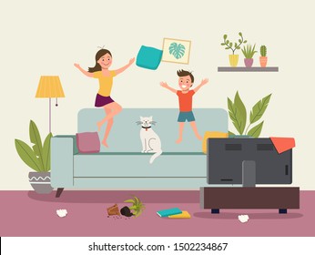 Messy living room interior. Children  jumps on the sofa. Flat style vector illustration