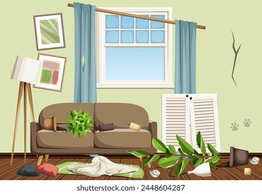 Messy living room interior with a sofa, a broken dresser, overturned houseplants, dirty window, and garbage. Total mess in a living room. Cartoon vector illustration. Hand-drawn illustration, not AI