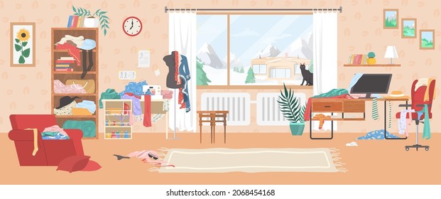 Messy living room with scattered stuff, flat vector illustration. Scattered clothes in bookcase, in armchair, on desk, on the floor. Mess, disorder.