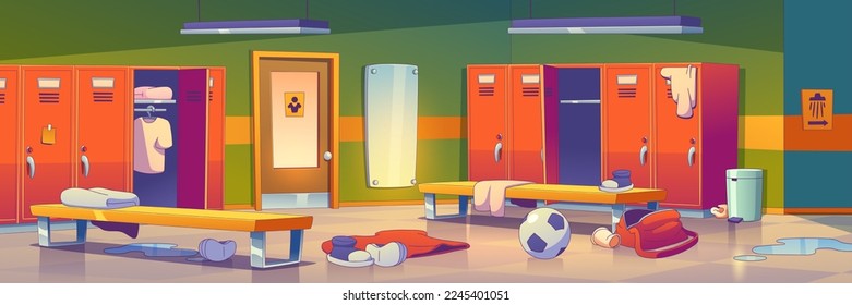 Messy locker room with clutter, soccer ball, clothes, shoes, bag, trash and water on floor. School gym dressing room interior with lockers, benches, mirror, vector illustration in contemporary style