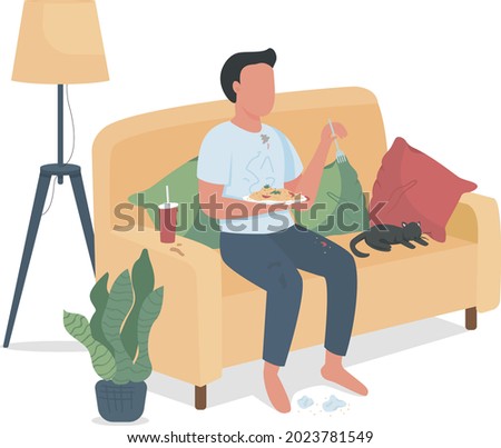 Messy man eating on couch semi flat color vector character. Full body person on white. Eating meal in living room isolated modern cartoon style illustration for graphic design and animation