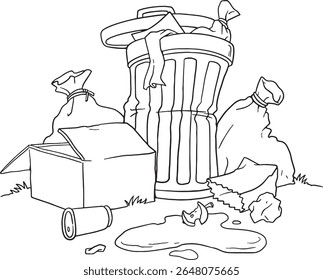 Uma confusa ilustração monocromática apresenta uma lata de lixo transbordante cercada por sacos de lixo, uma caixa descartada, uma lata esmagada e uma poça de líquido derramado. Essa imagem transmite conceitos com eficiência