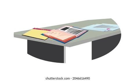 Messy office desk with folders , papers and documents. Flat style vector illustration isolated on white background.