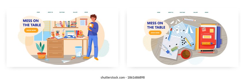 Messy Office Desk Vector Concept Illustration. Man Looks At The Mess On His Table. Student In Untidy And Dirty Room