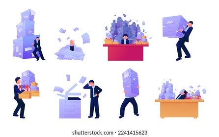 Messy office paperwork. Overworked worker with documents stacks. Photocopy printer. Duplicate printing work. Unorganized paper piles set. Sheets heap on desk. Vector recent illustration