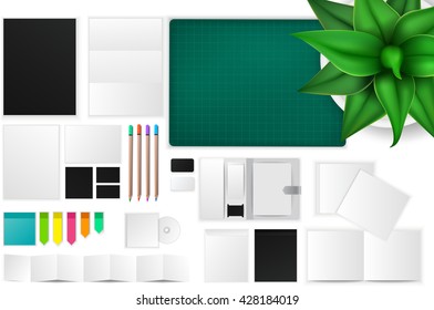 Messy office and working space product mockup (mock up) icon with many objects and stationary tool in isolated background. Create by detailed vector for business office usage. 