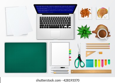 Messy office and working space product mockup (mock up) icon with many objects and stationary tool in isolated background. Create by detailed vector for business office usage. 
