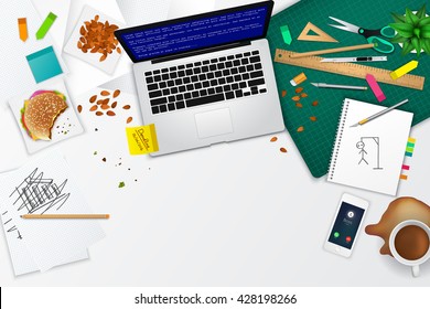 Messy office and working space product mockup (mock up) template layout background workplace with objects and office tools in quitting and stress concept. Create by vector for banner and document.
