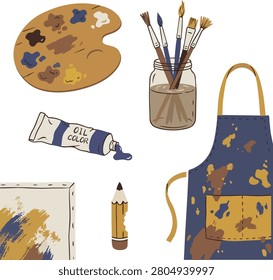 messy palette set with paintbrushes and oil paint tube vector illustration