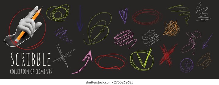 Messy Pen Scratch neon scribble elements collection with hand holding pencil on dark background