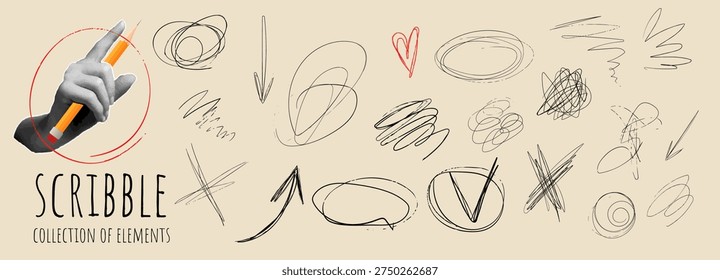 Messy Pen Scratch scribble elements collection with hand holding pencil on beige background
