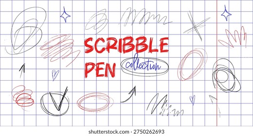 Messy Pen Scratch scribble elements collection on school notebook grid paper background