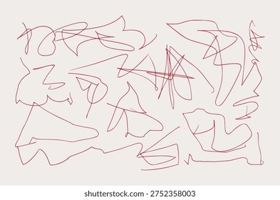 Messy Pen Scratch Set. Abstract Hand-Drawn Red Pen Ball Scribbles. Chaos Doodle Elements in Kids Style. Sketchy Messy Line and Strokes for Grunge Designs, Collage, Note, Scrapbook.