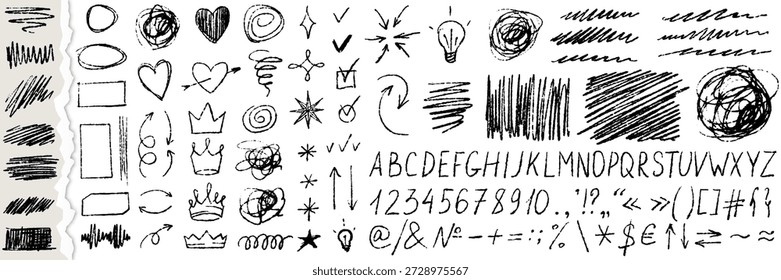 Ícones bagunçados de caneta. Conjunto de linhas de lápis pretas, rabiscos, letras manuscritas, números, símbolos de tipografia. Pacote de sinais à mão livre para desenhos. Ilustração isolada de vetor no plano de fundo branco