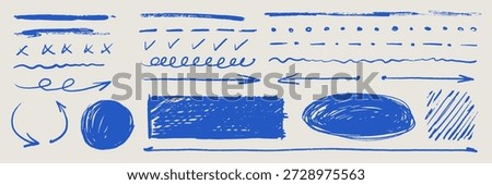 Messy pen scribble pack. Scratch elements, icons of blue dotted pencil lines, doodles, arrows. Set of freehand signs for designs. Isolated vector illustration on beige background