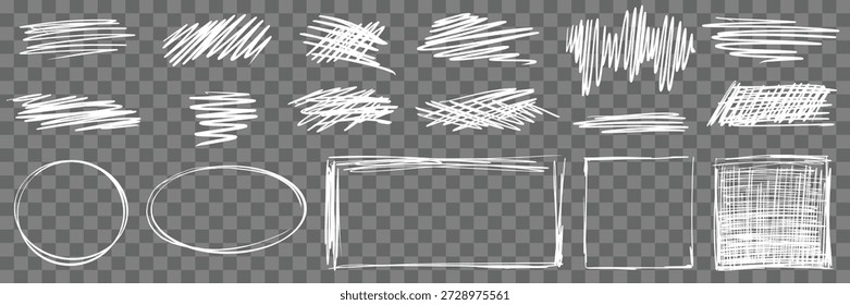 Pacote de rabisco de caneta bagunçado. Rabiscos brancos, linhas de lápis, círculo infantil e quadros retangulares, elementos randômicos aleatórios. Conjunto de ícones à mão livre para designs. Ilustração isolada de vetor