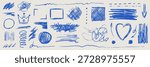 Messy pen scribble set. Pack of blue squiggle pencil lines, doodles, frames, scratch elements. Pack of freehand signs for designs. Isolated vector illustration on beige background