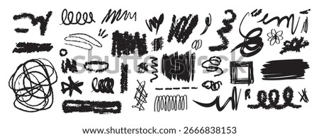 Messy pencil curly lines and Scribble brush strokes doodle set. Hand drawn elements marker scribbles. Vector illustration