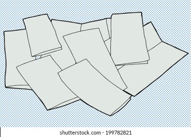 Messy pile of blank brochures over halftone background