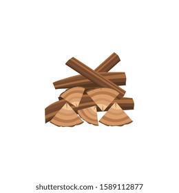 Messy pile of firewood in cartoon flat style - pieces of chopped brown wood stacked randomly on top of each other for bonfire, tree log timber drawing - isolated vector illustration