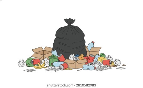 Messy pile of various household waste including a plastic garbage bag, tin cans, and cardboard boxes.