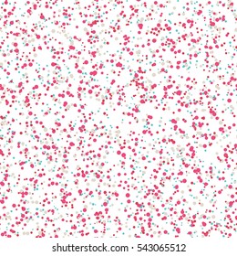 Messy pink, blue, gray dots on white background. Colorful festive seamless pattern with round shapes. Grunge dotted texture for wrapping paper, web. Vector illustration.