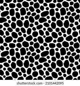 Messy polka dot vector seamless pattern. Dotted abstract background. Painted polka dot texture. Animal print design with irregular ink black spots on white background. Geometric simple spots