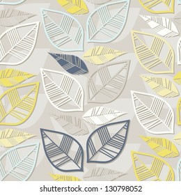 messy retro beige blue navy yellow white leaves on light background seasonal seamless pattern