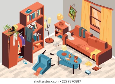 Messy room interior with scattered clothing on sofa leftovers on coffee table and overturned furniture isometric vector illustration