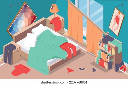 Messy room isometric background with interior and furniture symbols vector illustration