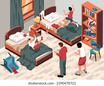 Messy room isometric background with shocked parents and kids tumbling and jumping on bed vector illustration