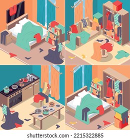 Messy room isometric concept icons set with dirty interior symbols isolated vector illustration